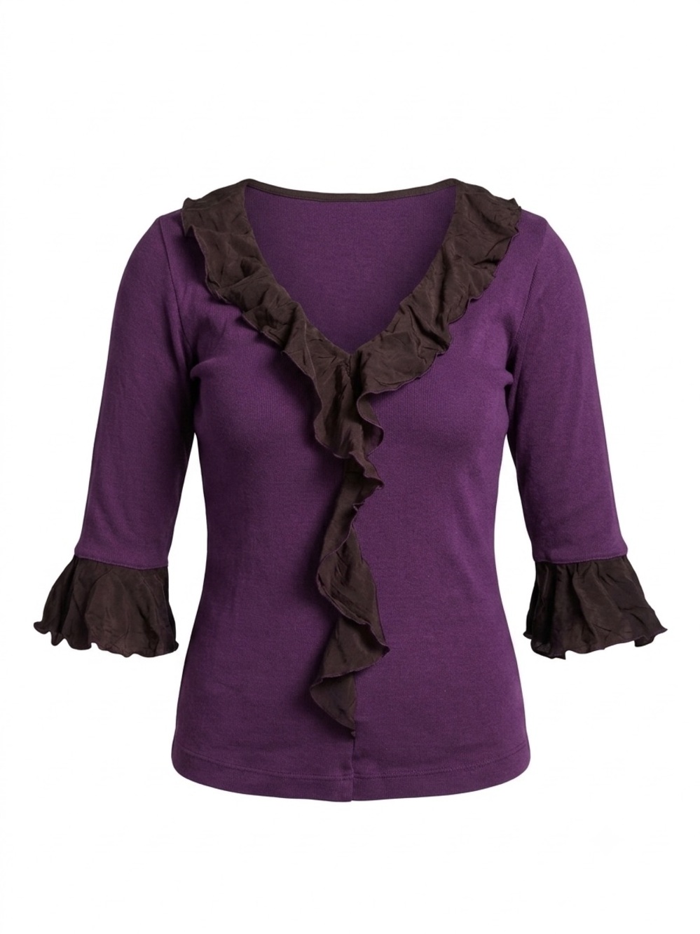Barbara Lesser FIBERS Purple Ruffled V-Neck Top Ribbed 3/4 Bell Sleeve Casual S